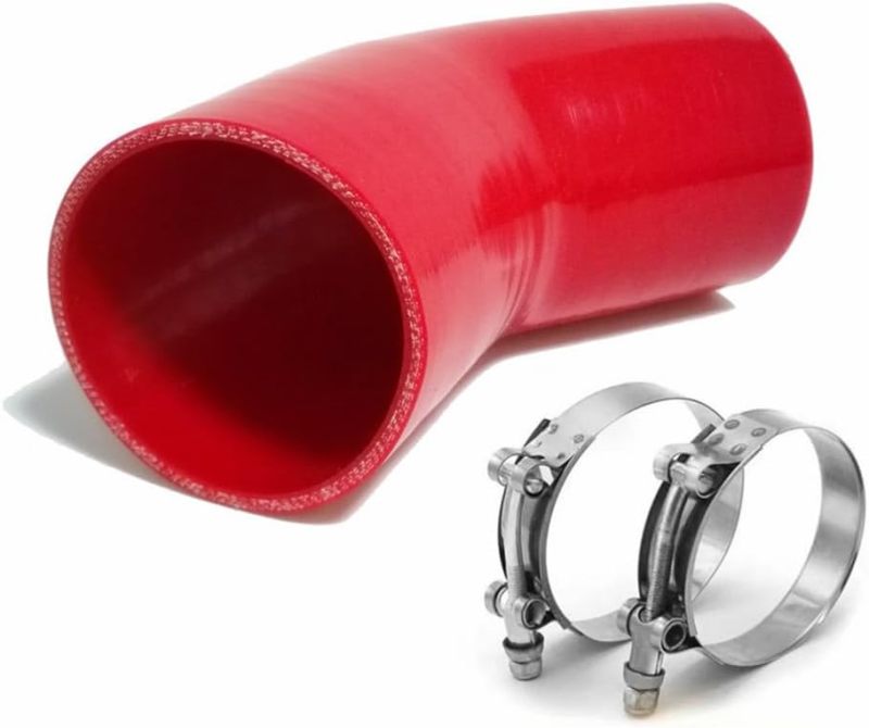 Universal High Performance 4-Ply 45 Degree Elbow Coupler Silicone Hose ID 4" (102mm), Leg Length 5" (125mm) with T-Bolt Clamps 2pc -Red (No Logo)