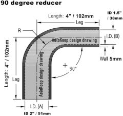 90 Degree Elbow ID 1-1/2" to 2" (38mm to 51mm) Silicone Reducer Coupler Hose, Leg Length 4" (102mm) with T-Bolt Clamps 2pc, 4-Ply High Performance Silicone, Red