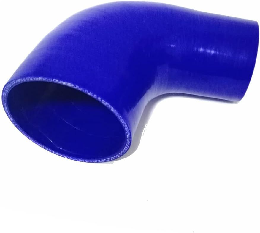 ID 2.5 to 3.5" (64mm to 89mm) Silicone Reducer 90 Degree Silicone Elbow, Leg Length 5" (125mm), 4-Ply Reinforced Wall 0.2" (5mm), with T-Bolt Clamps 2pc Blue