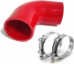 ID 2.5" (63mm) 90 Degree Elbow Silicone Coupler Hose, Leg length 4" (102mm) 4-Ply Reinforced Wall 0.2" (5mm) with T-Bolt Clamps 2pc Red