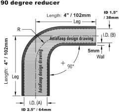 ID 1.5" to 2.5" (38mm to 63mm) 90 Degree Elbow Silicone Coupler Reducer Hose, Leg length 4" (102mm) 4-Ply Reinforced Wall 0.2" (5mm) with T-Bolt Clamps 2pc Blue
