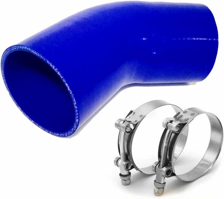 ID 3.5" (89mm) 45 Degree Silicone Elbow, Leg Length 5" (125mm), Thickness 0.2" (5mm) 4-Ply Reinforced with T-Bolt Clamps 2pc - Blue