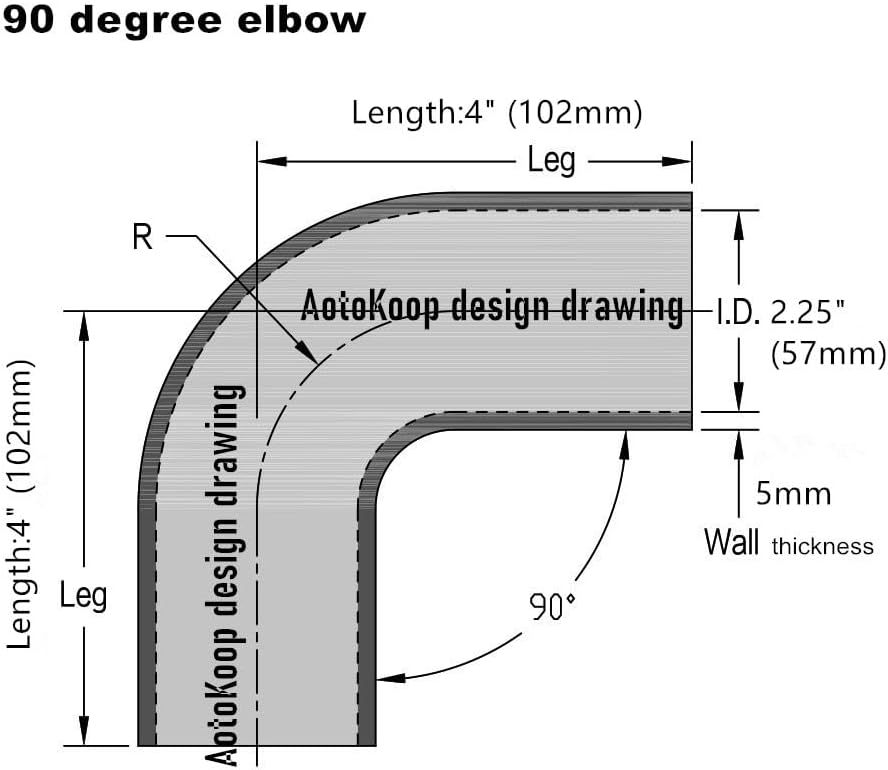 90 Degree Silicone Elbow ID 2.25" (57mm), Leg Length 4" (102mm), 4-Ply Reinforced Wall 0.2" (5mm) with T-Bolt Clamps 2pc Black