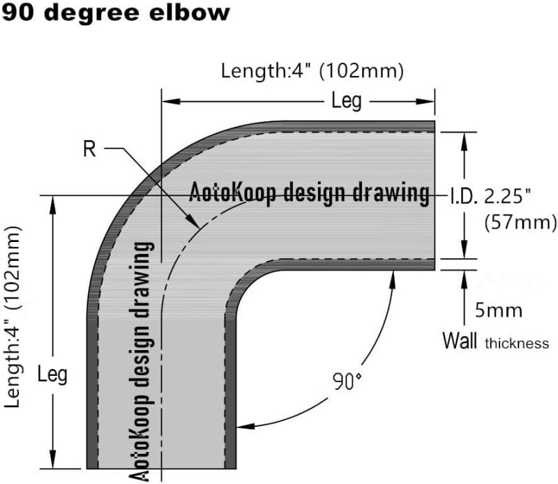 90 Degree Silicone Elbow ID 2.25" (57mm), Leg Length 4" (102mm), 4-Ply Reinforced Wall 0.2" (5mm) with T-Bolt Clamps 2pc Black