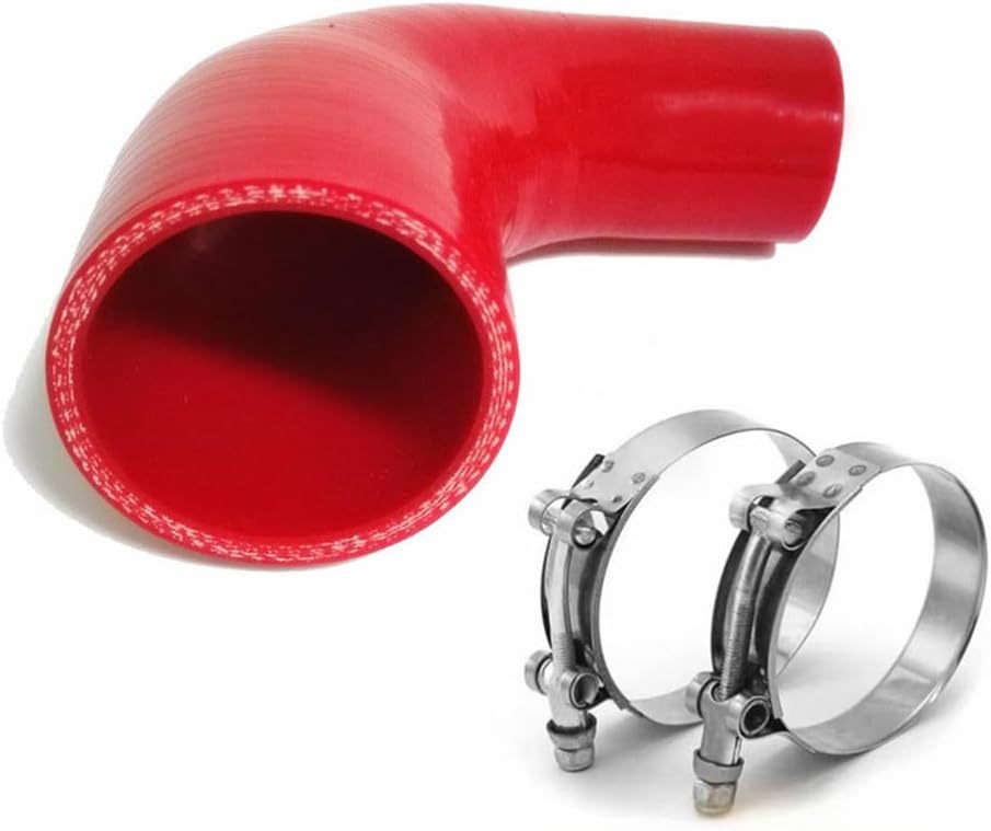 ID 1.5 to 2.5" (38mm to 63mm) Silicone Reducer 90 Degree Silicone Elbow, Leg Length 4" (102mm), 4-Ply Reinforced Wall 0.2" (5mm), with T-Bolt Clamps 2pc Red