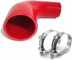 ID 1.5 to 2.5" (38mm to 63mm) Silicone Reducer 90 Degree Silicone Elbow, Leg Length 4" (102mm), 4-Ply Reinforced Wall 0.2" (5mm), with T-Bolt Clamps 2pc Red