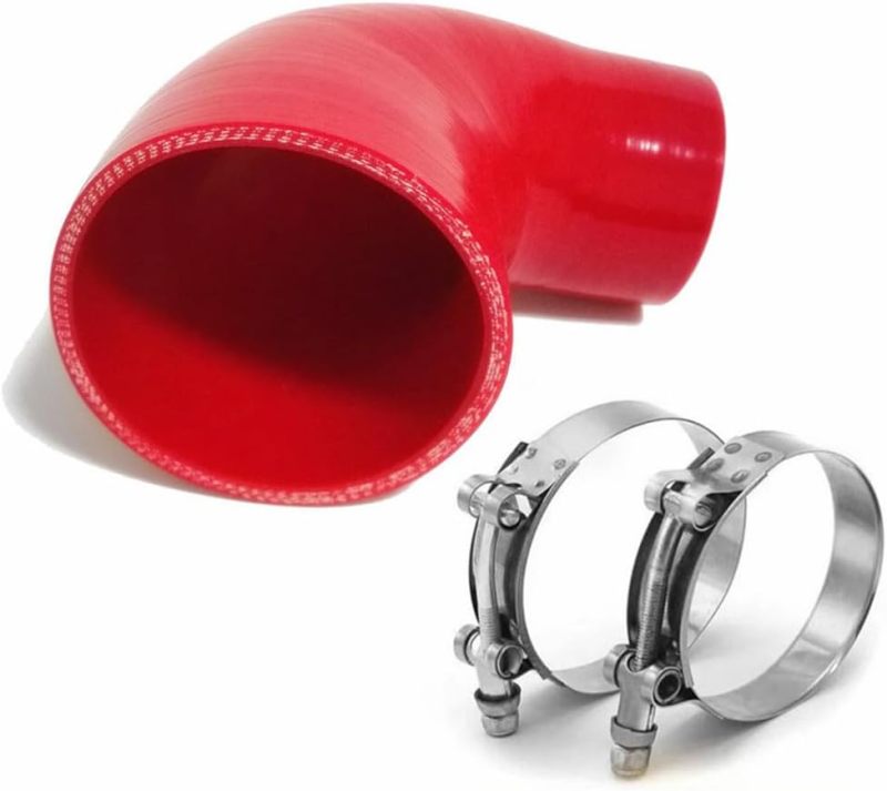 ID 2.5 to 3.5" (64mm to 89mm) Silicone Reducer 90 Degree Silicone Elbow, Leg Length 5" (125mm), 4-Ply Reinforced Wall 0.2" (5mm), with T-Bolt Clamps 2pc Red