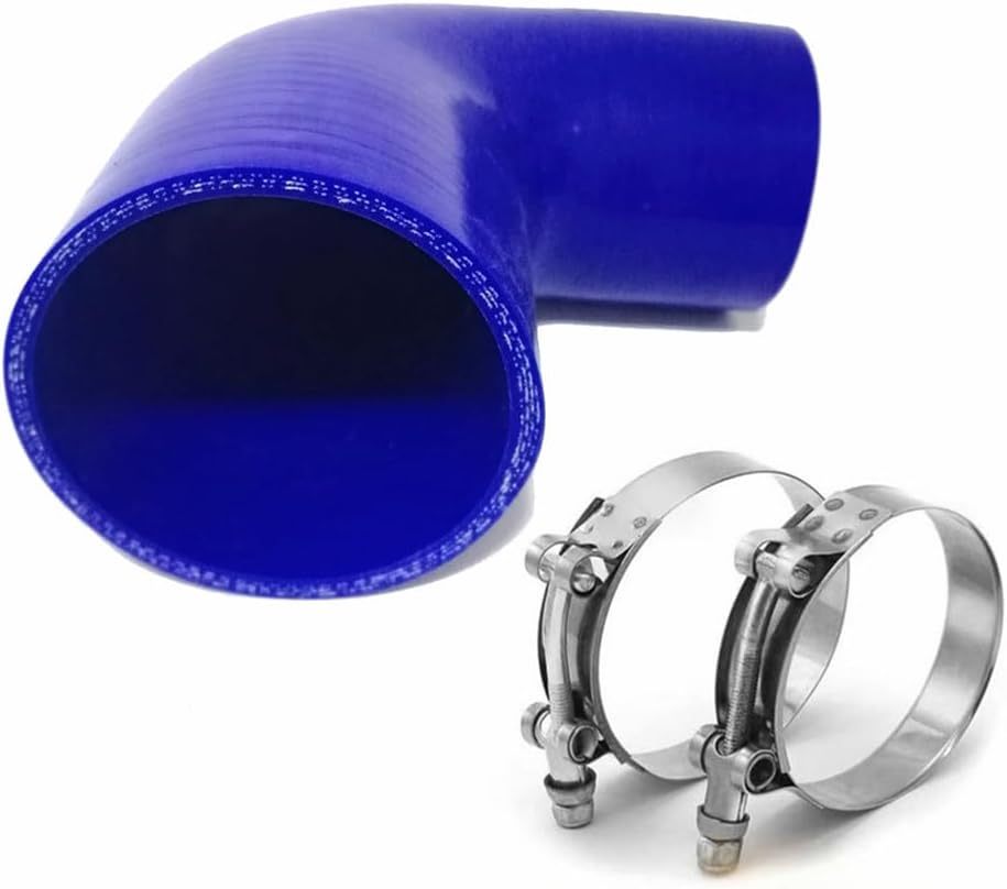 ID 2.5 to 3.5" (64mm to 89mm) Silicone Reducer 90 Degree Silicone Elbow, Leg Length 5" (125mm), 4-Ply Reinforced Wall 0.2" (5mm), with T-Bolt Clamps 2pc Blue