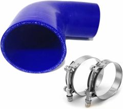 ID 2.5 to 3.5" (64mm to 89mm) Silicone Reducer 90 Degree Silicone Elbow, Leg Length 5" (125mm), 4-Ply Reinforced Wall 0.2" (5mm), with T-Bolt Clamps 2pc Blue