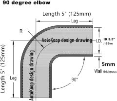 ID 3.5" (89mm) 90 Degree Silicone Elbow, Leg Length 5" (125mm), Thickness 0.2" (5mm) 4-Ply Reinforced with T-Bolt Clamps 2pc - Black
