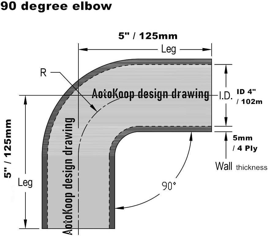 Universal 4-Ply High Performance 90 Degree Elbow Coupler Silicone Hose ID 4" (102mm), Leg length 5" (125mm) with T-Bolt Clamps 2pc-Black