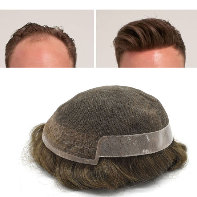 LyricalHair Non-Surgical Men's Hairpiece with Poly Coating Hair System For Men French Lace Front Bleached Knot Front Natural Hairline PU At Sides And Back Mens Toupee Real And Remy Hair System Replacement Pieces For Men OCTAGON