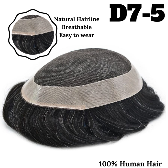 Lyricalhair French Lace Center Mens Human Hair Toupee Lace Easy Tape Attached Hairpiece Skin PU Around Hair Replacement Wigs for Men D7-5