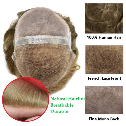 LyricalHair Two Base In One Mens Human Hair Toupee Half French Lace Half Mono Hair Pieces For Men Skin Around Hair System For Men