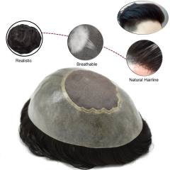 Mens Toupee Hair Replacement System Fine Mono Clear Poly Around Light Medium Wig Black Real Human Hair Slight Wave Free Style