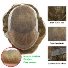 LyricalHair French Lace Two Colors Mens Toupee Breathable Natural Hairpiece Clear Poly At Sides And Back Toupee For Men Hair Replacement System BX2-1