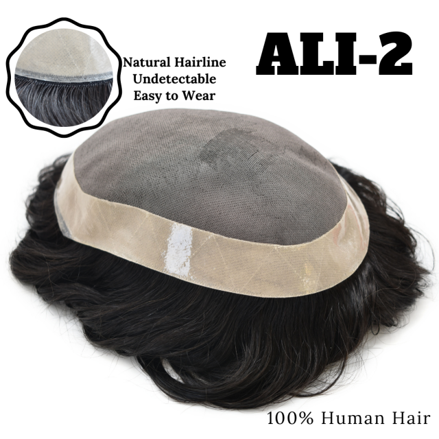 LyricalHair Natural Mens Toupee ALI 2 Durable Hair Replacement System 1/8" Black French Lace Front Medium Density Indian Hairs Double Knot Easy Wear Wig