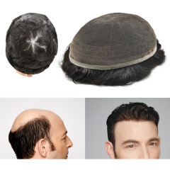 LyricalHair Best Selling in North America Full French Lace Mens Hair System Invisible Swiss Lace Bleached Knot Lace Front Men's Toupee with Natural Hairline 100% Human Indian Hairpiece