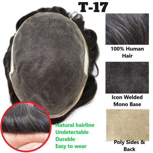 LyricalHair Durable Icon Fine Welded Mono Men's Toupee T-17 Natural Lace Front Invisible Knot Hairpiece 32mm Slight Wave Indian Hairpiece