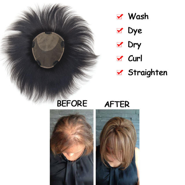 LyricalHair 18x20CM 100% Human Hair Topper With Bangs Middle Part Straight Hairpiece Mono Base Crown Topper Hair Patch A6