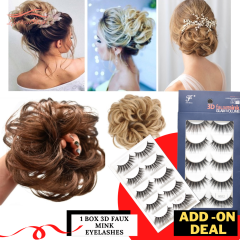 LyricalHair Add-On Deal Messy Hair Up Do Bun Curly Chignon With Elastic Scrunchie Wrap With 1 Box 3D Faux Mink Eyelashes