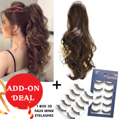 LyricalHair Add-On Deal Synthetic Ponytail Extension Claw Clip On Hair Wavy Style Double Use 22 inches Long With1 Box 3D Faux Mink Eyelashes