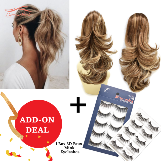 LyricalHair Add-On Deal Synthetic Ponytail Extension Claw Clip On Hair Wavy Style Double Use 14 inches Long With1 Box 3D Faux Mink Eyelashes