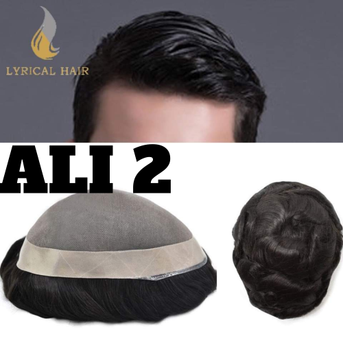 LyricalHair Fine Mono Durable Hair System 1'' Poly Coated Around Tape Attached 1/8" Black French Lace In Front Indian Human Hair Men's Toupee 32mm Slight Wave Unit ALI 2