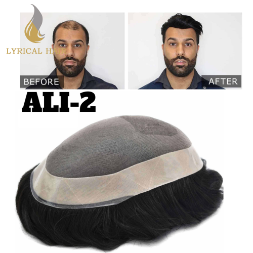 LyricalHair Natural Mens Toupee ALI 2 Durable Hair Replacement System 1/8" Black French Lace Front Medium Density Indian Hairs Double Knot Easy Wear Wig