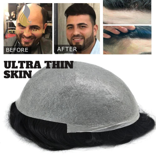 LyricalHair Mens Toupee Non-Surgical 0.04mm Super Thin Skin Best Selling in North America Hair System Transparent Invisible Poly Skin Mens Toupee Undetectable V-Looped Hair Units Wigs From USA For Men