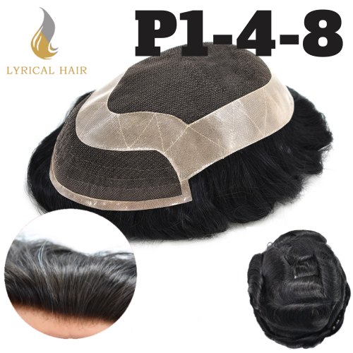 LyricalHair French Lace Men's Hair System Invisible Natural Hairline Lace Front Durable Tape Attached PU Around Perimeter Mens Hairpiece P1-4-8