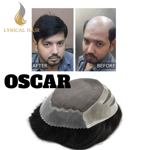LyricalHair Non-Surgical Permanent Mono Lace Mens Human Hair Toupee System Realistic Bonded PU Easy Tape Base Mens Real Natural Top Hair Piece OSCAR