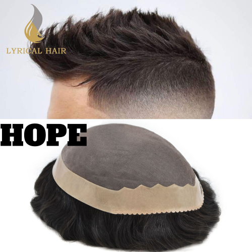 LyricalHair Human Hair Men Toupee Fine Mono Center PU Around Perimeter Durable Mens Hair Replacement System Natural Hairline Men's Wig