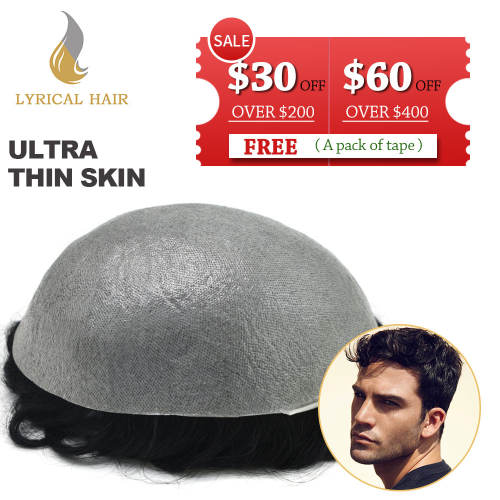 LyricalHair Best Selling in North America Non-Surgical 0.06mm Super Thin Skin Hair System Transparent Invisible Poly Skin Mens Toupee Undetectable V-Looped Hair Units Wigs From USA