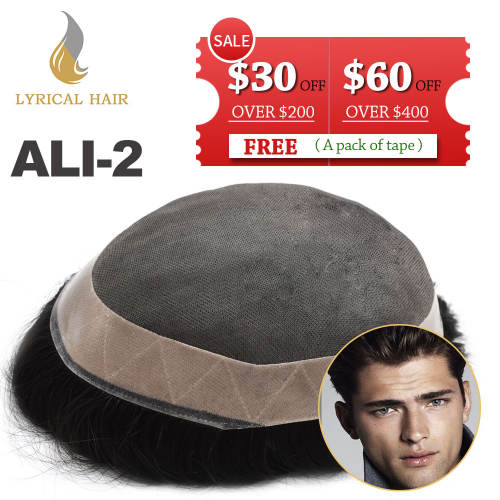 LyricalHair Fine Mono Durable Hair System 1'' Poly Coated Around Tape Attached 1/8" Black French Lace In Front Indian Human Hair Men's Toupee 32mm Slight Wave Unit ALI 2