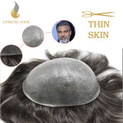LyricalHair Mens Toupee Non-Surgical 0.04mm Super Thin Skin Best Selling in North America Hair System Transparent Invisible Poly Skin Mens Toupee Undetectable V-Looped Hair Units Wigs From USA For Men