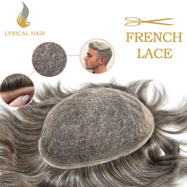 LyricalHair Men's Toupee Full French Lace Hair Systems Swiss Lace Natural Front Bleached Invisible Knots Men's Hairpieces Best Selling in North America Human Hair For Men