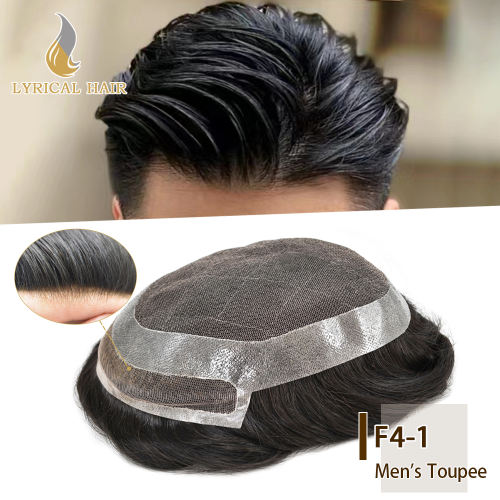 LYRICAL HAIR Human Hair French Lace Hair System For Men Invisible Knots Bleached Lace Front Mens Hair Toupee Slight Wave 6'' Hair Long Skin Poly Around Hair Pieces For Men