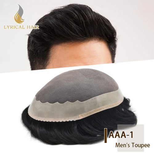 LYRICAL HAIR Men Toupee Fine Monofliament Durable Men's Hair System Poly Coated Perimeter Black Hair Color 1/8 inch Folded Human Hair Men's Hairpiece All Sizes