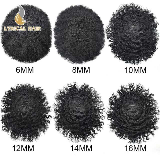 LyricalHair  Afro Toupee For Men African Curly Monofilament Durable Hair System Tape Around African American Black Unit 100% Human Hair Medium Density AFRO AAA1