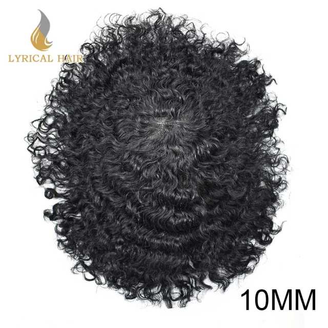 LyricalHair  Afro Toupee For Men African Curly Monofilament Durable Hair System Tape Around African American Black Unit 100% Human Hair Medium Density AFRO AAA1