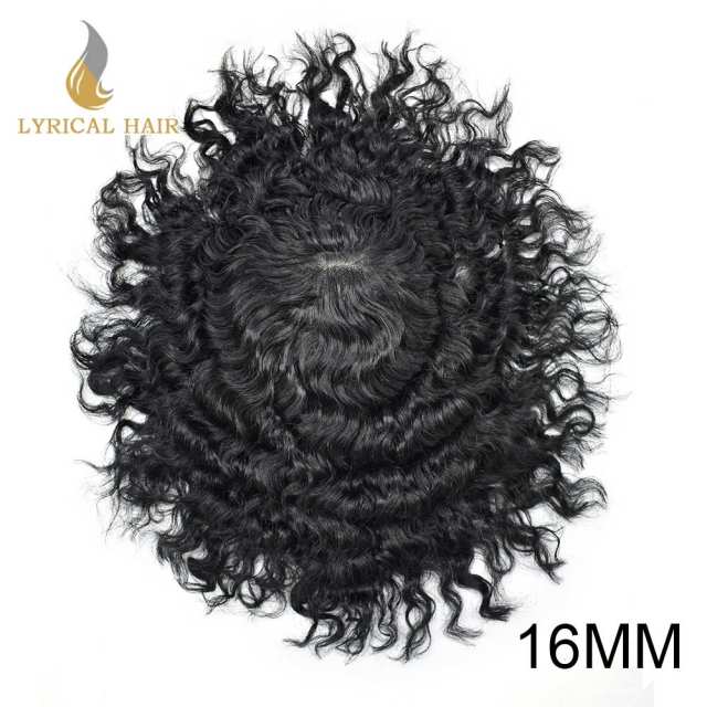 LyricalHair  Afro Toupee For Men African Curly Monofilament Durable Hair System Tape Around African American Black Unit 100% Human Hair Medium Density AFRO AAA1