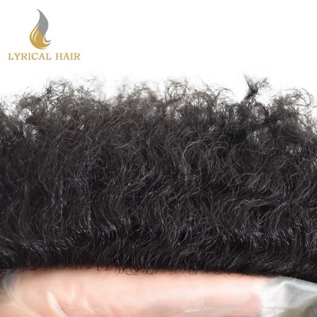 LYRICAL HAIR Units for Black Men Thin Skin African American Men 100% Brazilian Human Hair Replacement System Full Poly Afro Curly Wave Mens Hairpieces