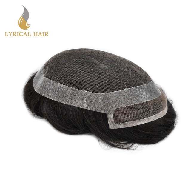 LYRICAL HAIR Human Hair French Lace Hair System For Men Invisible Knots Bleached Lace Front Mens Hair Toupee Slight Wave 6'' Hair Long Skin Poly Around Hair Pieces For Men