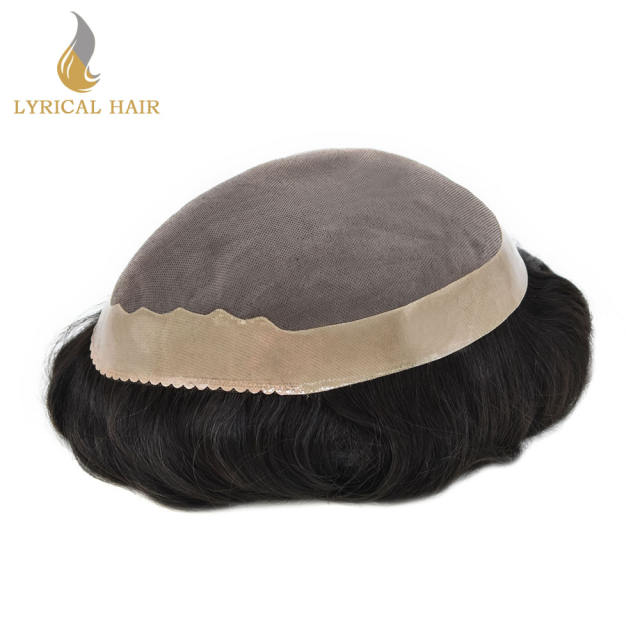 LYRICAL HAIR Human Hair Men Toupee Fine Mono Center PU Around Perimeter Durable Mens Hair Replacement System Natural Hairline Men's Wig