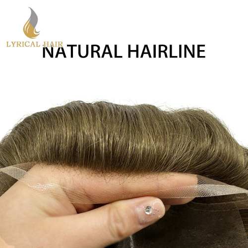 LYRICAL HAIR Lace Front Skin Hair System For Men 0.06mm Thin Skin Easy Wear Men's Toupee,Undetectable V-looped Cut-Away Base Men's Natural Prosthesise Hairpieces