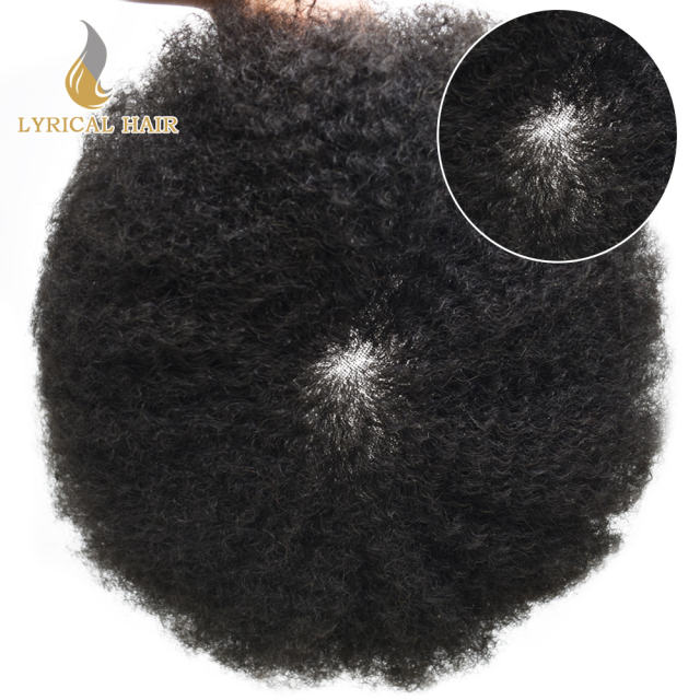 LYRICAL HAIR Afro Toupee For Black Men Fine Monofilament Men Wave Hair Unit Poly Coated 100% Brazilian Kinky Curly Hair System For American African Men