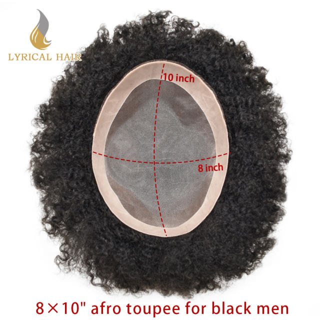 LYRICAL HAIR Afro Toupee For Black Men Fine Monofilament Men Wave Hair Unit Poly Coated 100% Brazilian Kinky Curly Hair System For American African Men