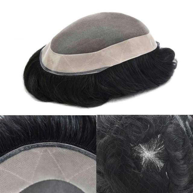 LYRICAL HAIR Mens Toupee Fine Monofilament Durable Men's Hair System Poly Coated Perimeter Black Hair Color 1/8 inch Folded Lace Front Human Hair Men's Hairpiece Replacement All Sizes