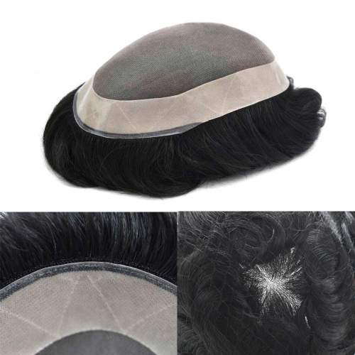 LYRICAL HAIR Men Toupee Fine Monofliament Durable Men's Hair System Poly Coated Perimeter Black Hair Color 1/8 inch Folded Human Hair Men's Hairpiece All Sizes
